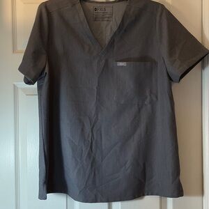 Figs Womens Scrub Top and Pants in Gray with Blue Drawstring